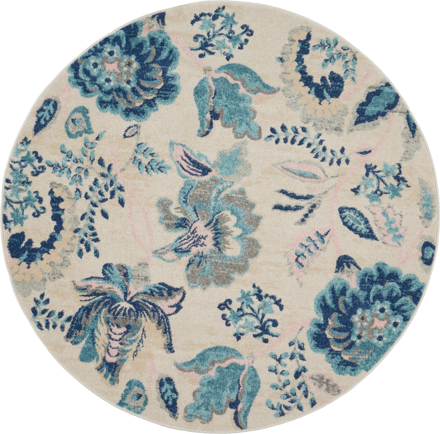 Round beige area rug with blue and teal floral pattern, botanical print, soft woven texture, decorative living room accent.