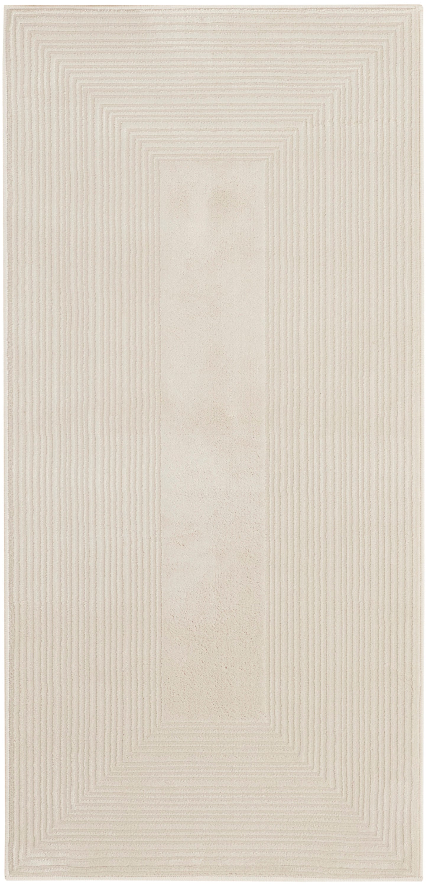 Beige rectangular rug with concentric, stepped rectangle borders and central panel; soft, modern minimalist decor.