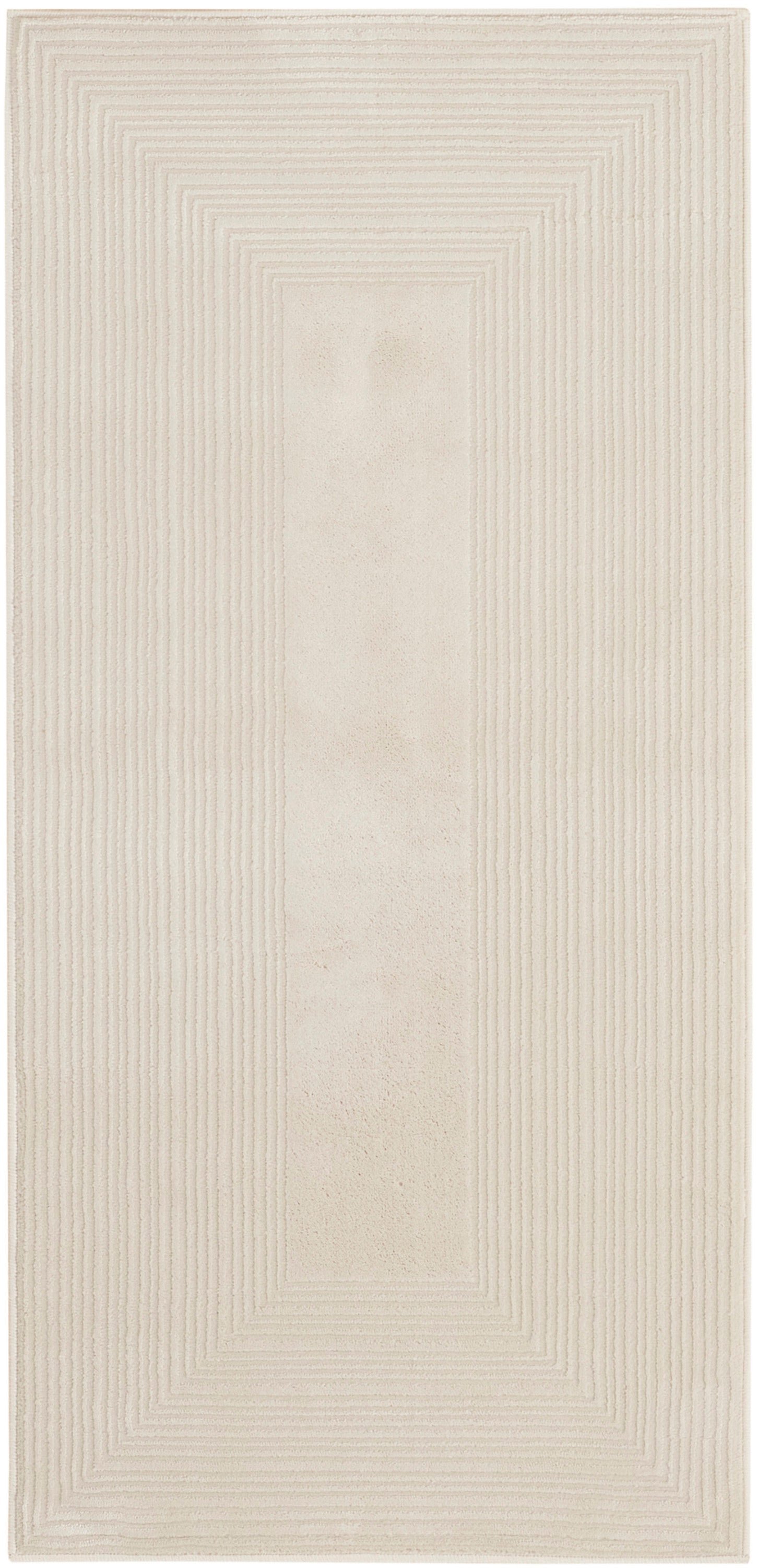 Beige rectangular rug with concentric, stepped rectangle borders and central panel; soft, modern minimalist decor.