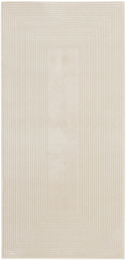 Beige rectangular rug with concentric, stepped rectangle borders and central panel; soft, modern minimalist decor.