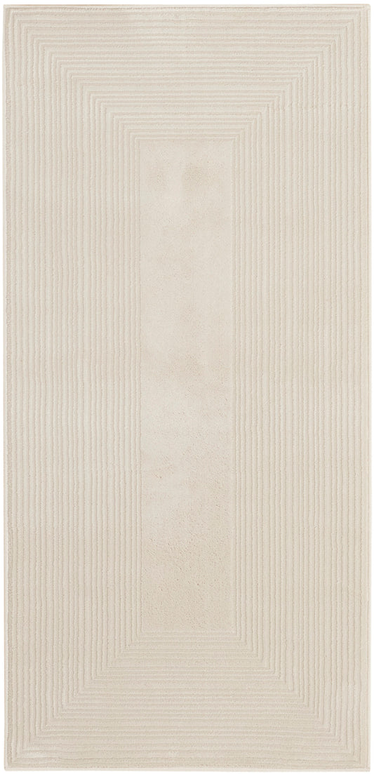 Beige rectangular rug with concentric, stepped rectangle borders and central panel; soft, modern minimalist decor.