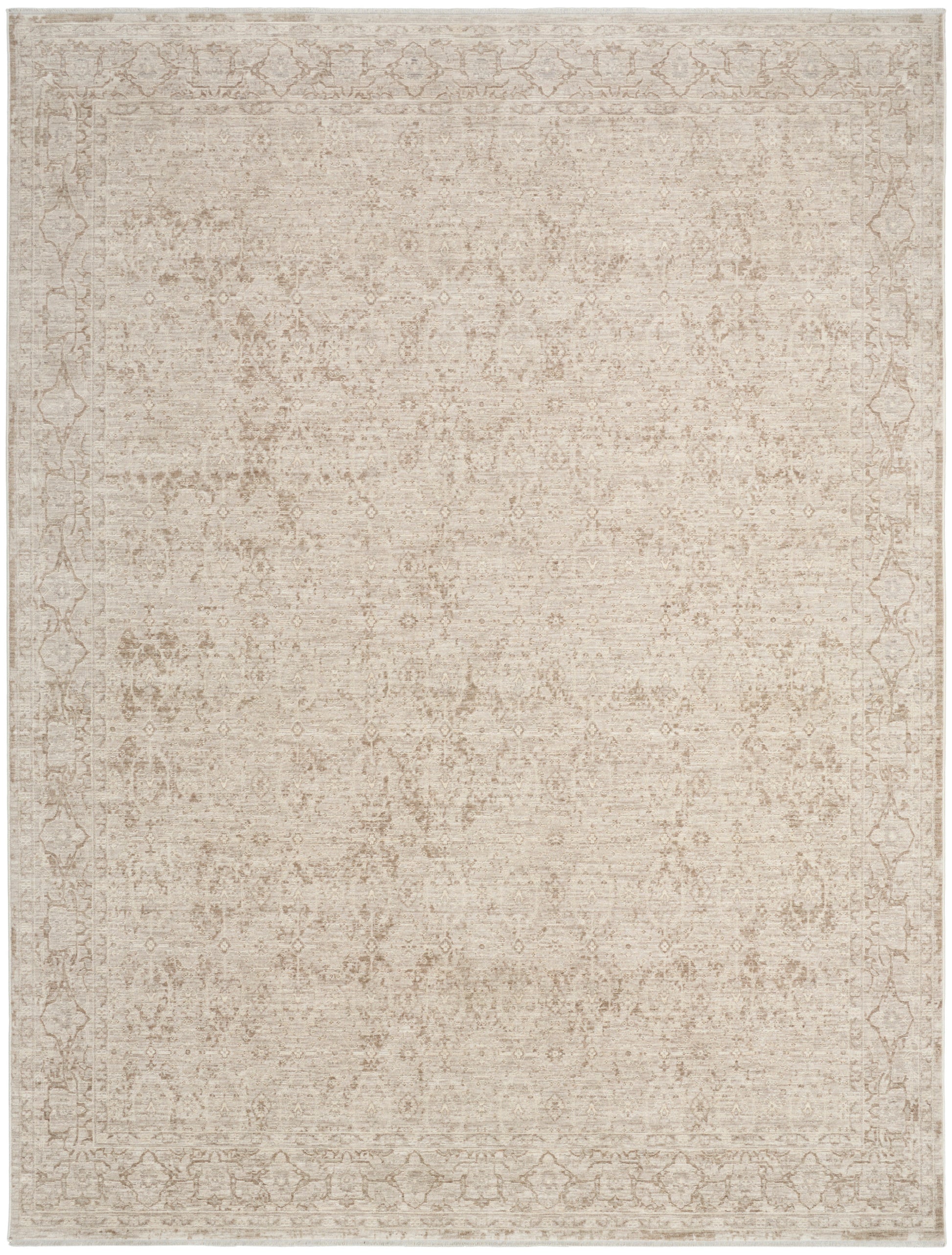 Beige distressed oriental rug with muted floral motif and ornate border; rectangular, neutral tones.