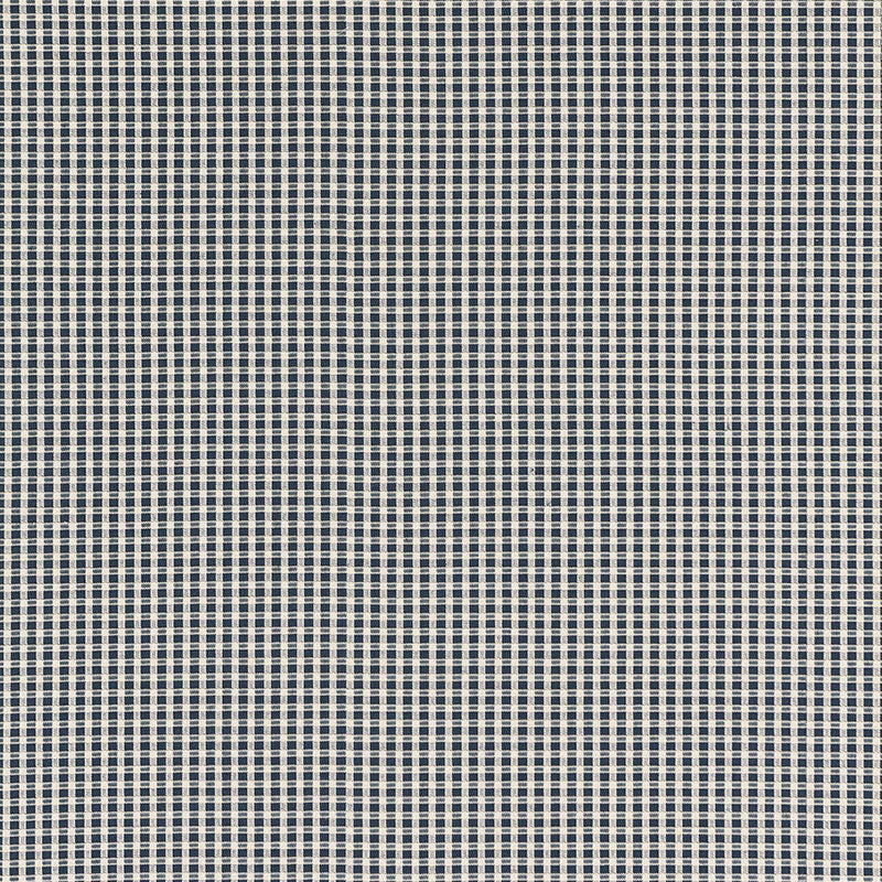 Navy blue and white micro-check fabric with a tiny grid pattern; woven textile for shirts or summer outfits.