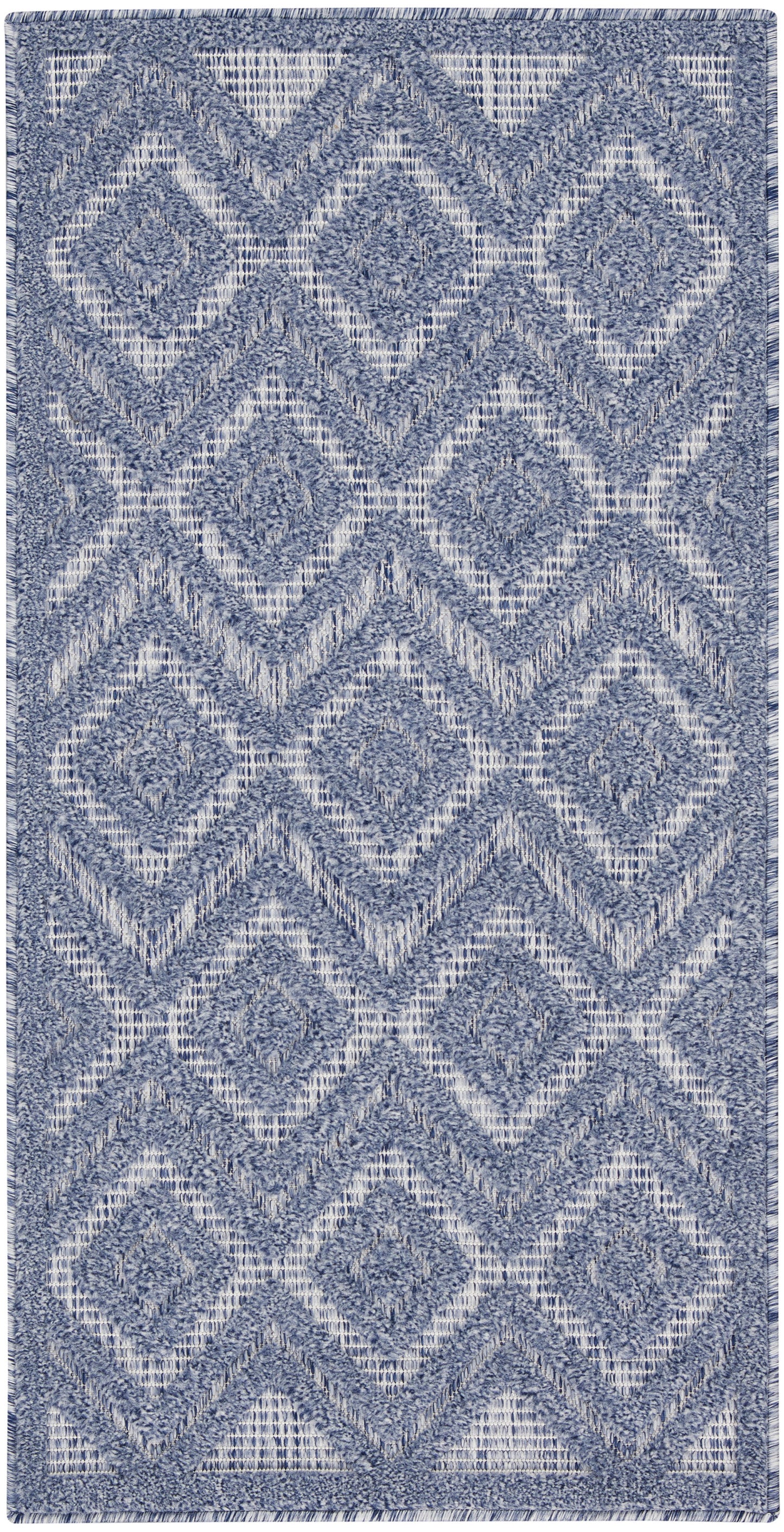 Blue and gray diamond-pattern rug with plush shag texture; geometric trellis design in cool tones.