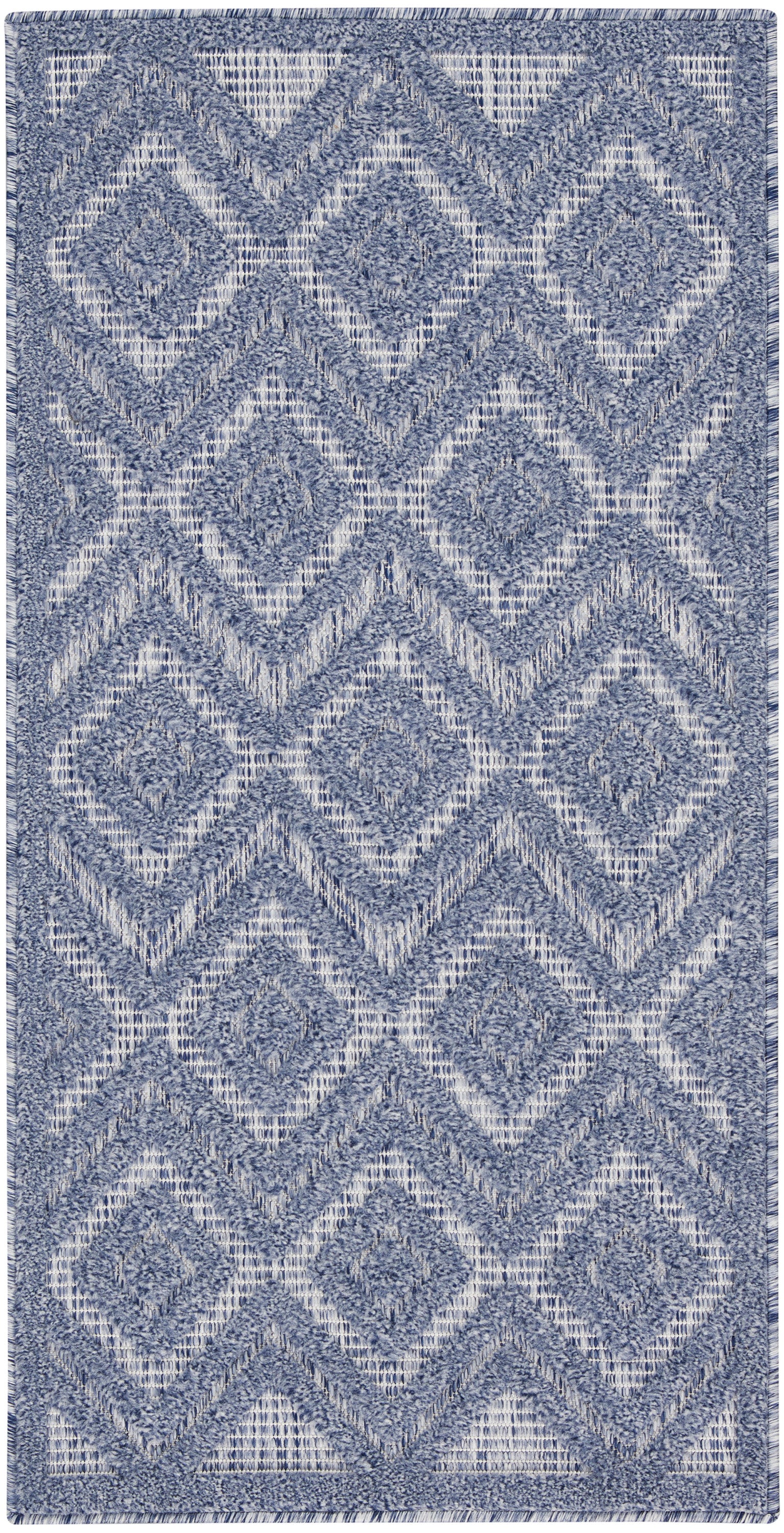 Blue and gray diamond-pattern rug with plush shag texture; geometric trellis design in cool tones.