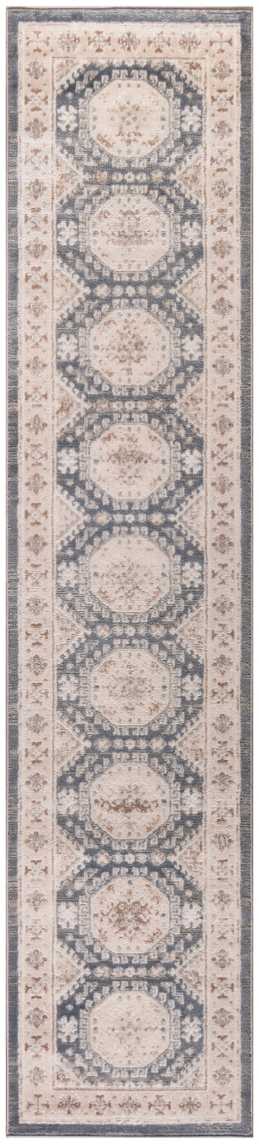 Narrow oriental rug runner with repeating beige medallions on a blue field and cream floral borders.