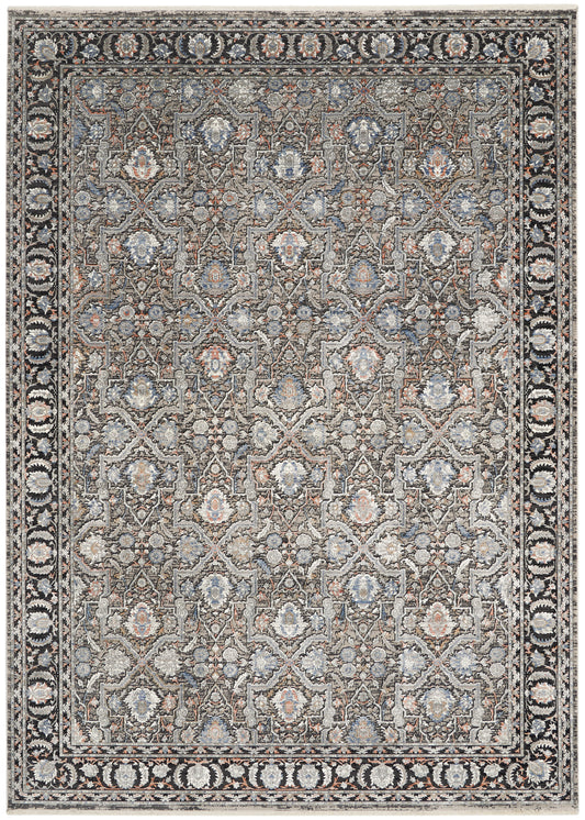 Rectangular Persian-style rug with a grey-blue field, ivory floral lattice, rust accents, and a black border.