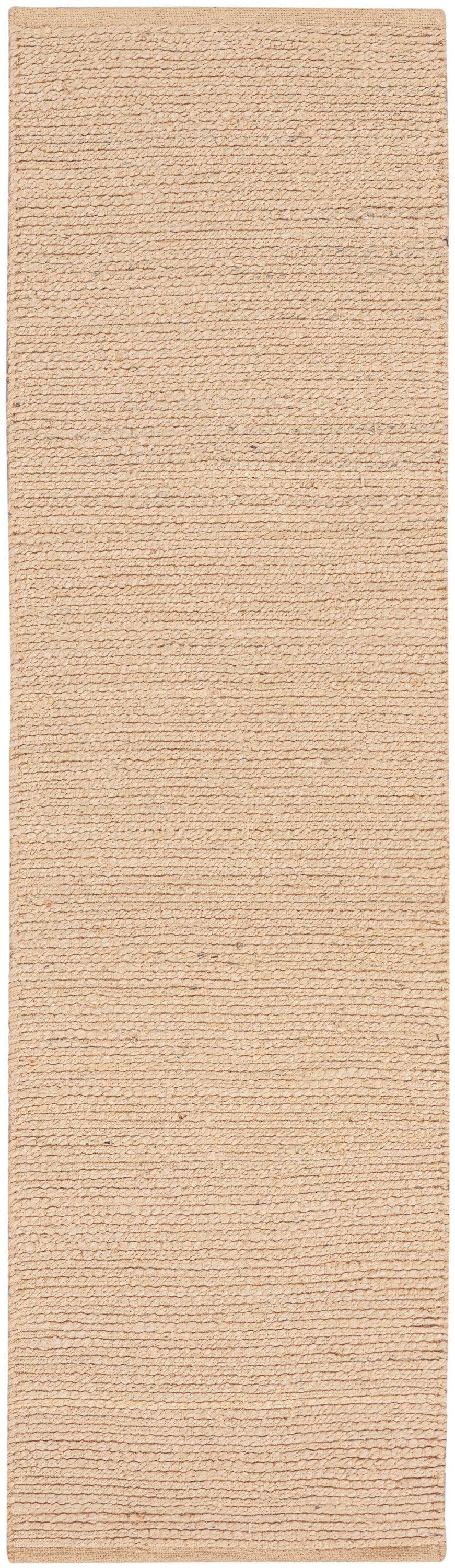 Beige textured loop-pile rug runner; long narrow rectangular carpet with soft neutral tan color.