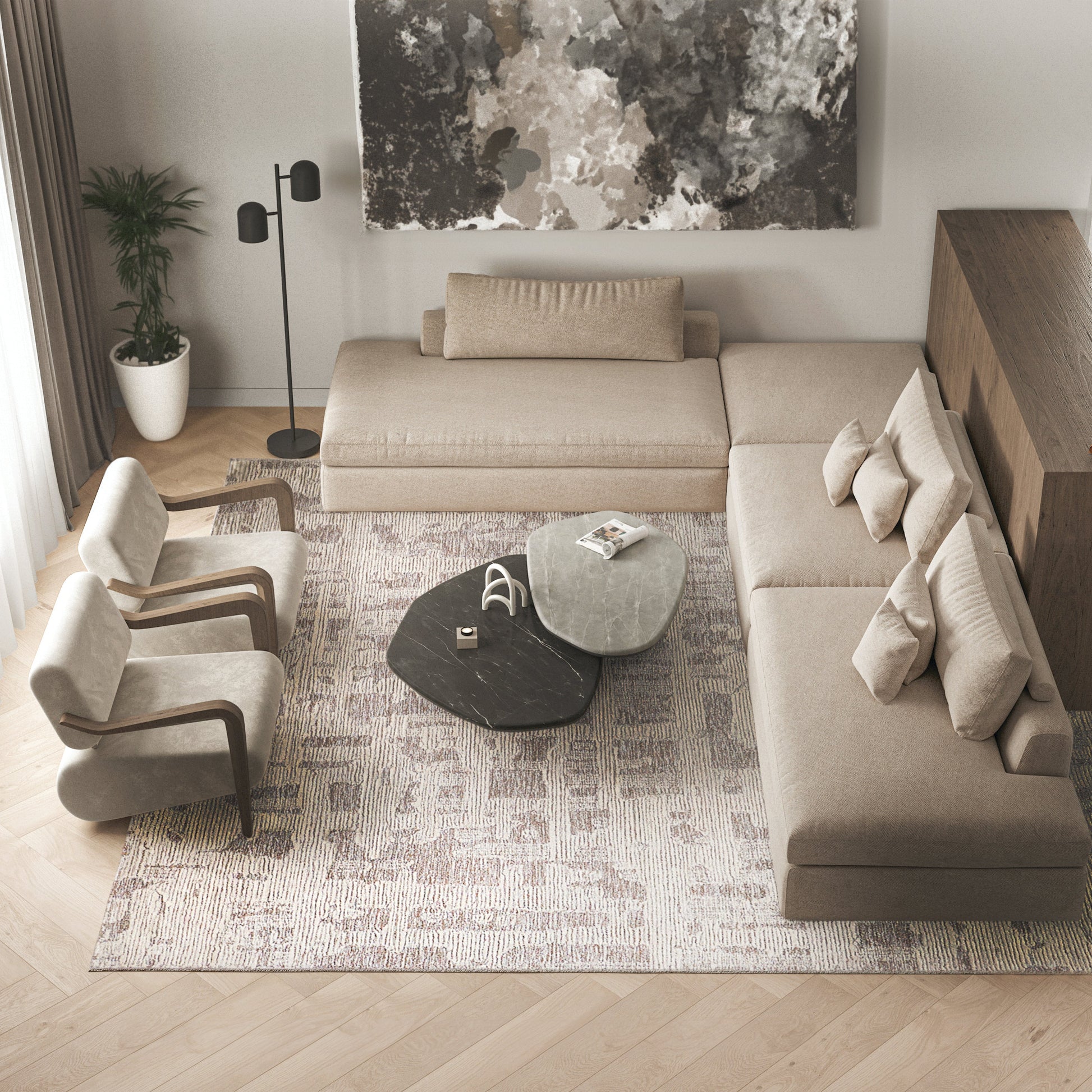 Beige indoor hand-tufted area rug, 6' x 9', patterned.