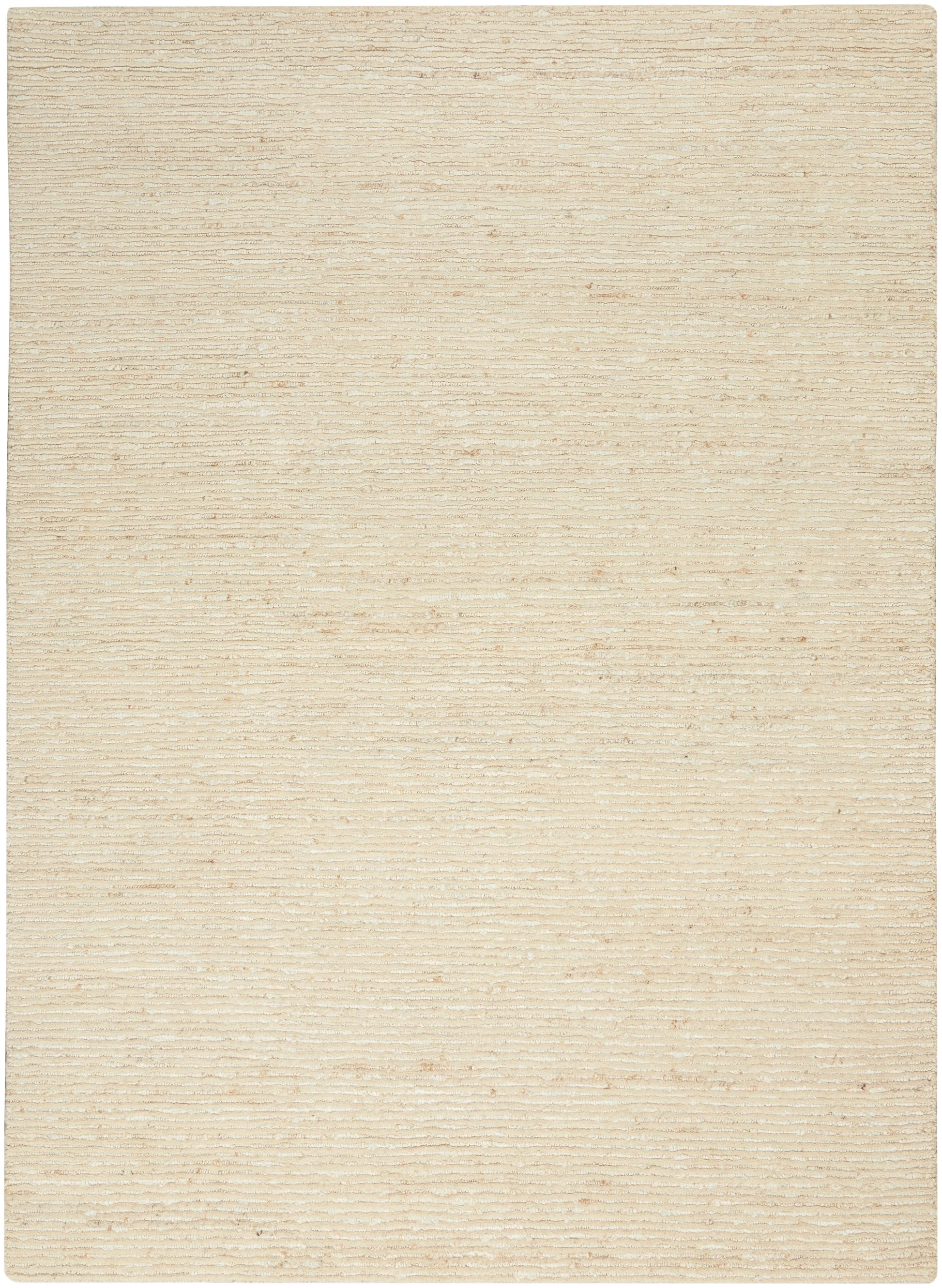 Beige textured rectangular rug with subtle horizontal lines, soft woven pile for living rooms.