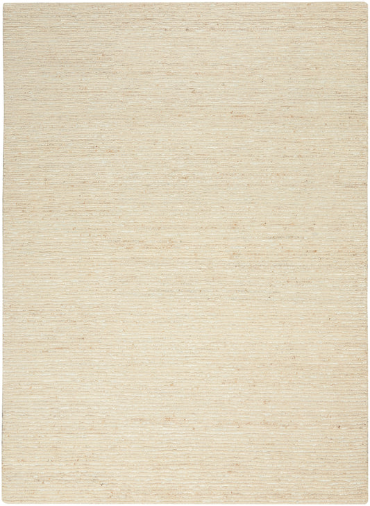 Beige textured rectangular rug with subtle horizontal lines, soft woven pile for living rooms.
