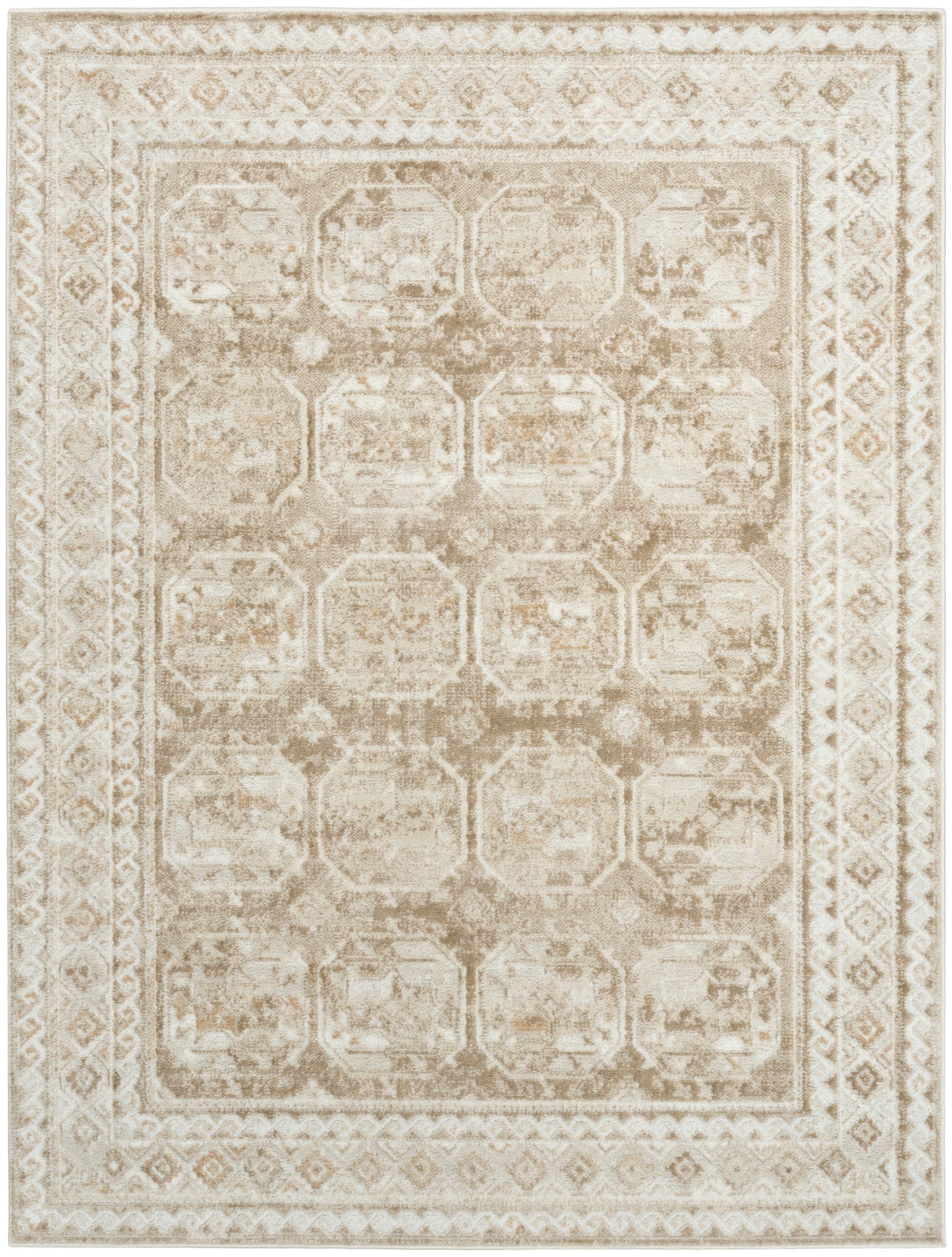 Rectangular beige and ivory distressed area rug with a repeating octagonal grid and decorative border.