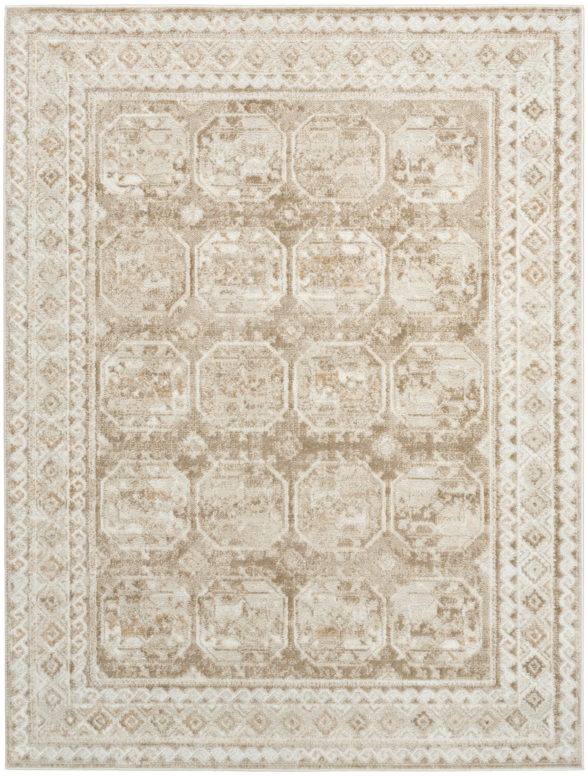 Rectangular beige and ivory distressed area rug with a repeating octagonal grid and decorative border.
