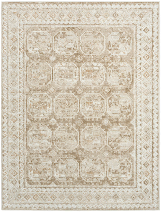 Rectangular beige and ivory distressed area rug with a repeating octagonal grid and decorative border.