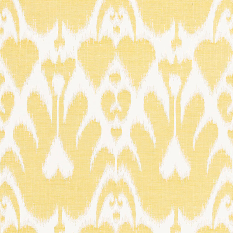 Yellow and white damask-inspired fabric pattern, decorative textile suitable for upholstery, drapes or wallpaper.