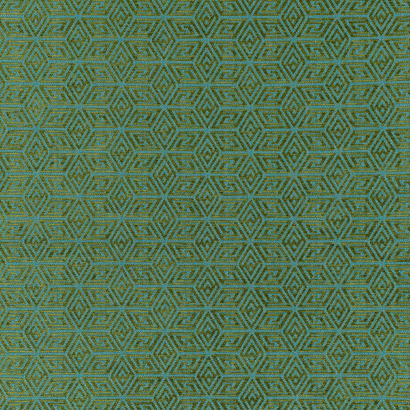 Teal fabric with a gold geometric hexagon tessellated pattern; metallic weave for upholstery or drapery.