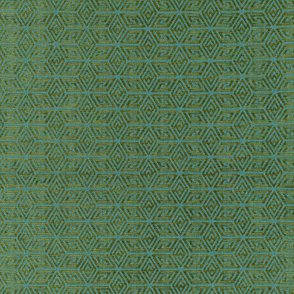 Teal fabric with a gold geometric hexagon tessellated pattern; metallic weave for upholstery or drapery.