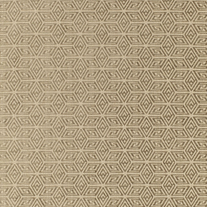 Beige woven fabric with a repeating taupe geometric cube/hex pattern for upholstery.