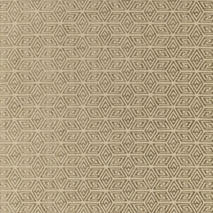 Beige woven fabric with a repeating taupe geometric cube/hex pattern for upholstery.