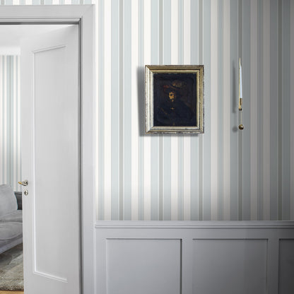 Wallpaper with a white background and blue vertical stripes.