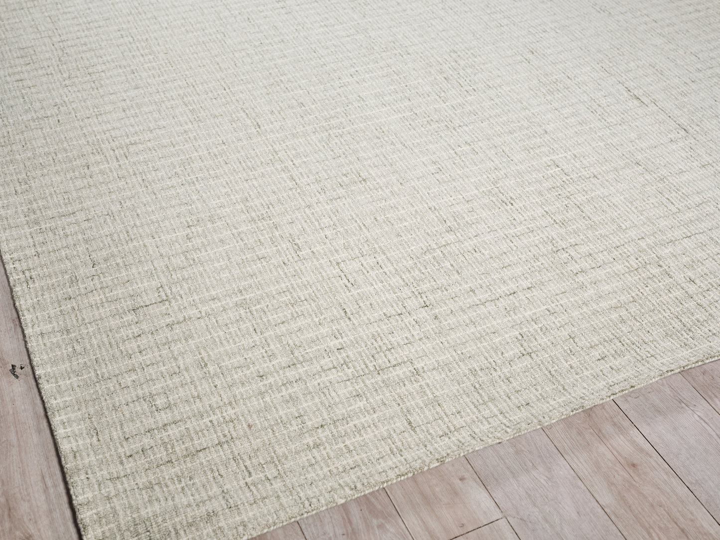 Beige textured area rug with subtle woven pattern over light wood floor.