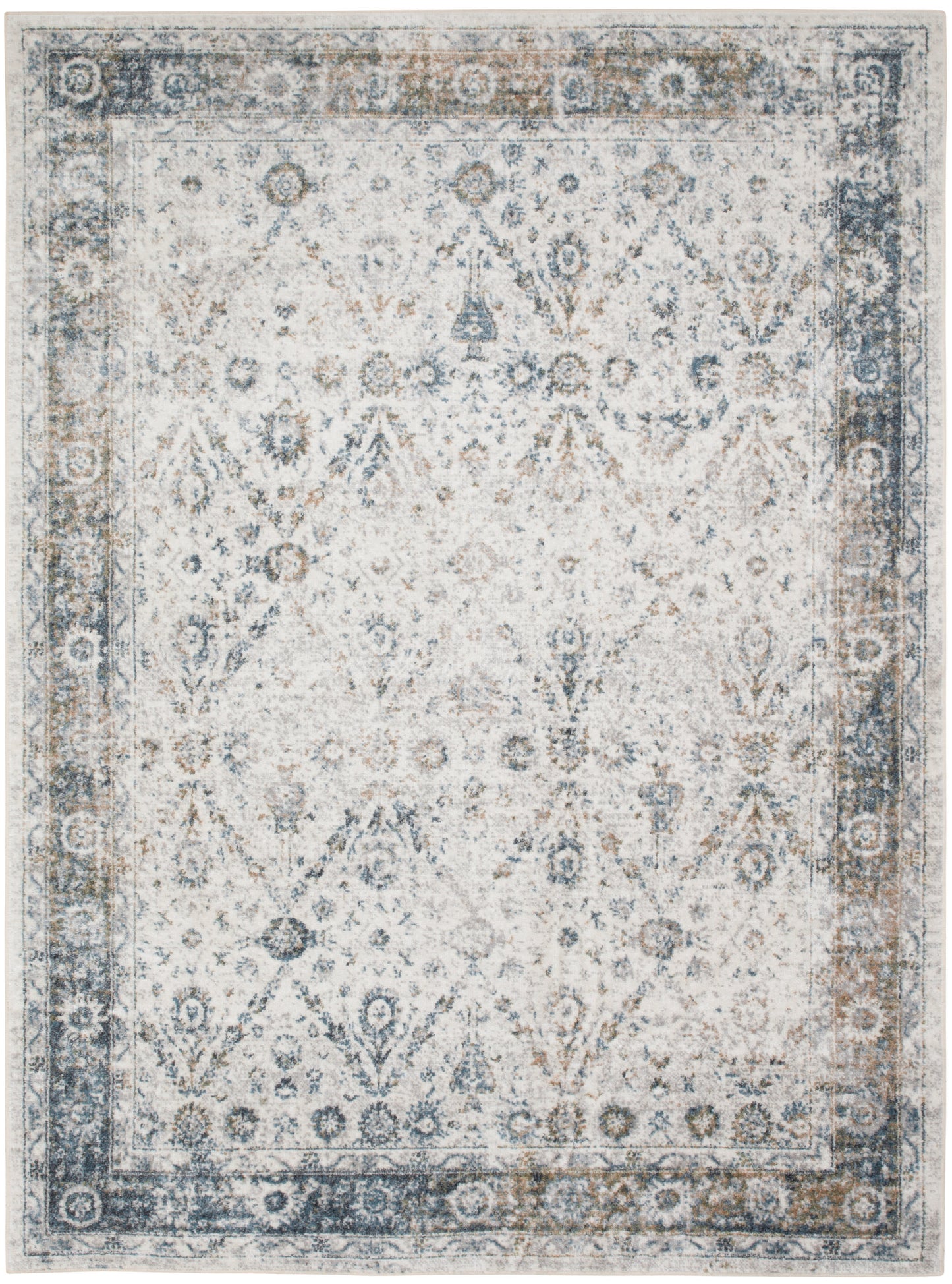 Rectangular area rug with distressed cream field, blue-gray border, and intricate vintage floral medallion pattern.