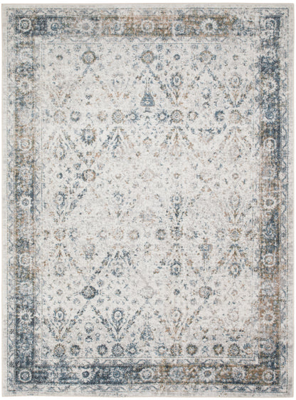 Rectangular area rug with distressed cream field, blue-gray border, and intricate vintage floral medallion pattern.