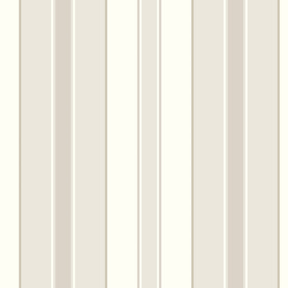 Beige striped wallpaper with vertical cream, taupe and sand stripes; soft, modern decor.