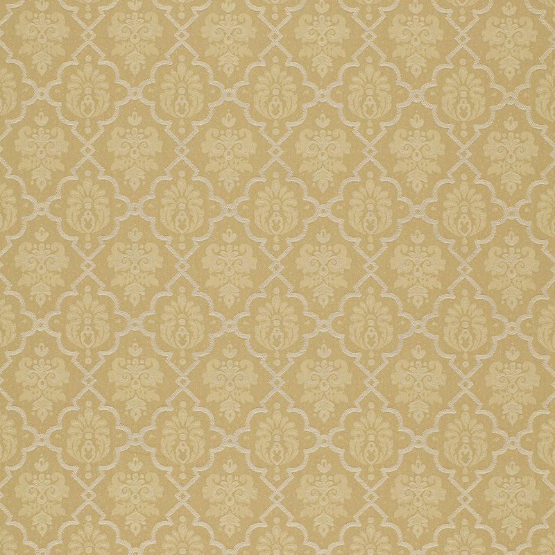 Gold-beige damask wallpaper with ornate floral motifs and repeating lattice pattern.