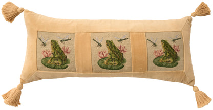 Golden tan decorative bolster pillow with three embroidered panels of a frog on a lily pad, and tassels at the corners.