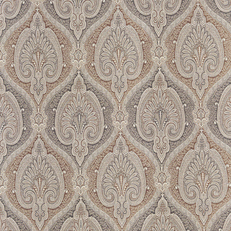 Beige and taupe damask wallpaper with ivory ornate teardrop motifs.