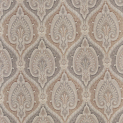 Beige and taupe damask wallpaper with ivory ornate teardrop motifs.