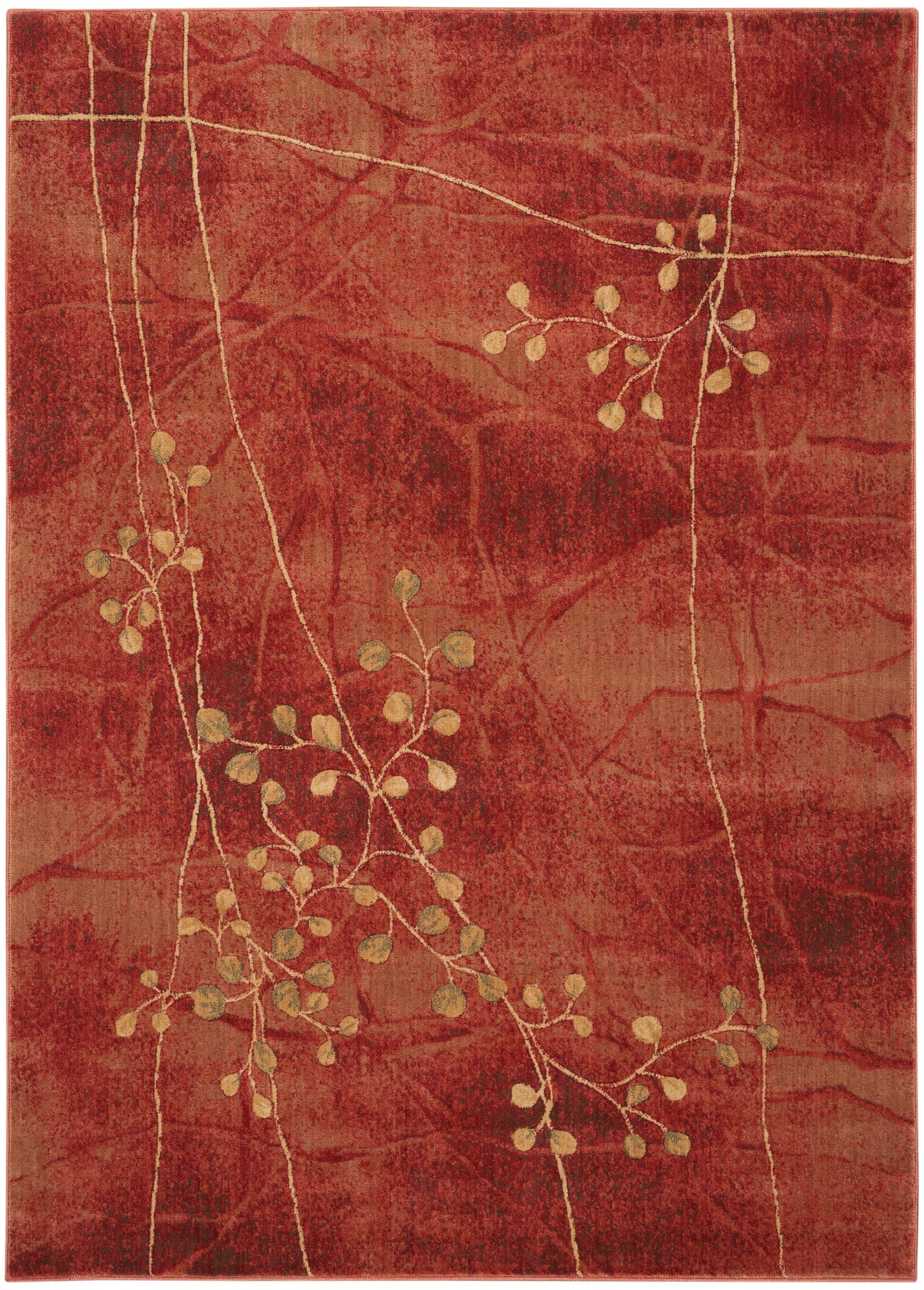 Red area rug with cream botanical vines & tiny round leaves; warm, textured pattern for living room decor.