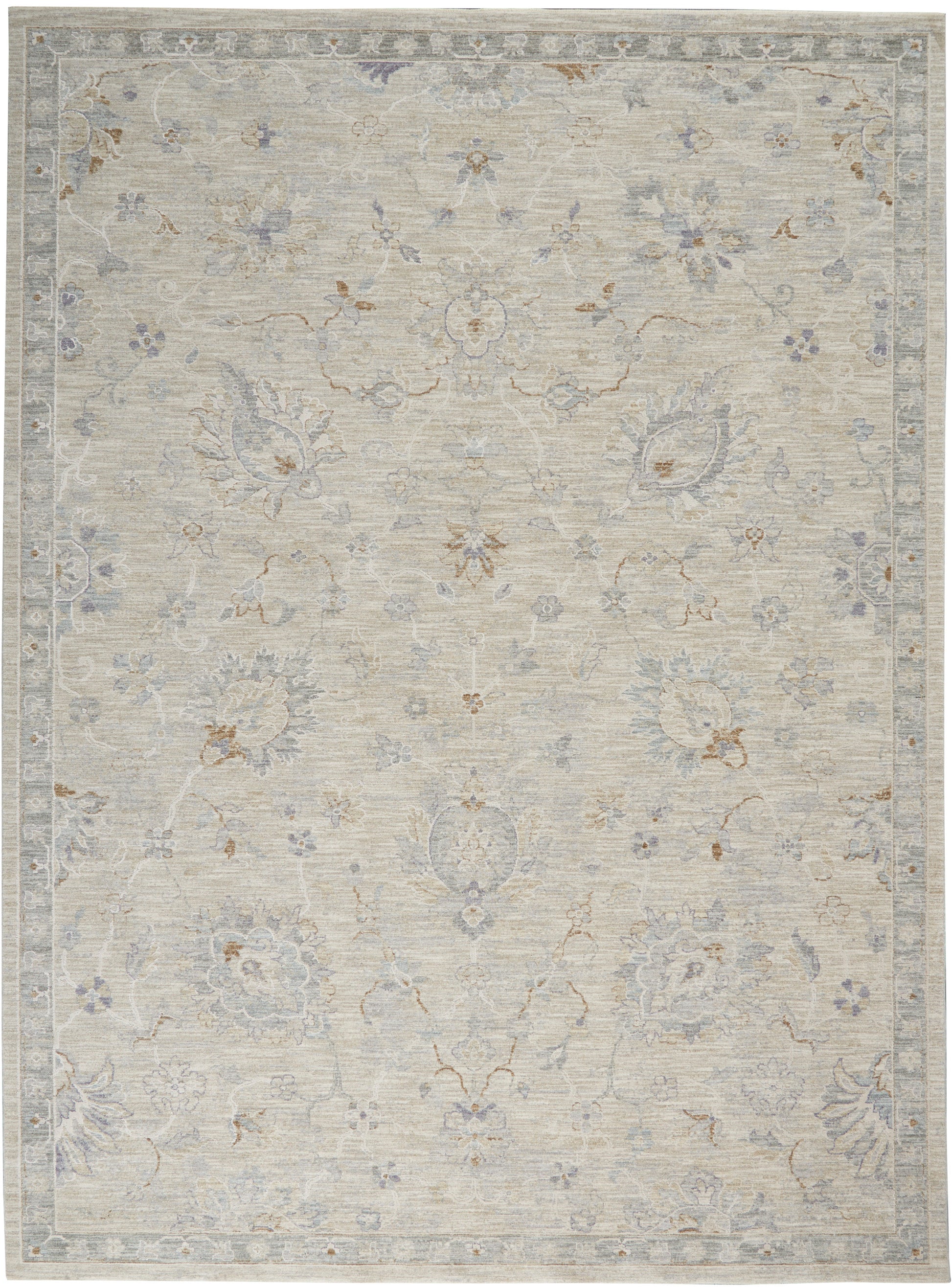 Rectangular area rug in soft beige with pale blue-gray florals and ornate border, vintage distressed look, 8' x 10'.