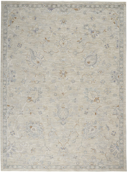 Rectangular area rug in soft beige with pale blue-gray florals and ornate border, vintage distressed look, 8' x 10'.
