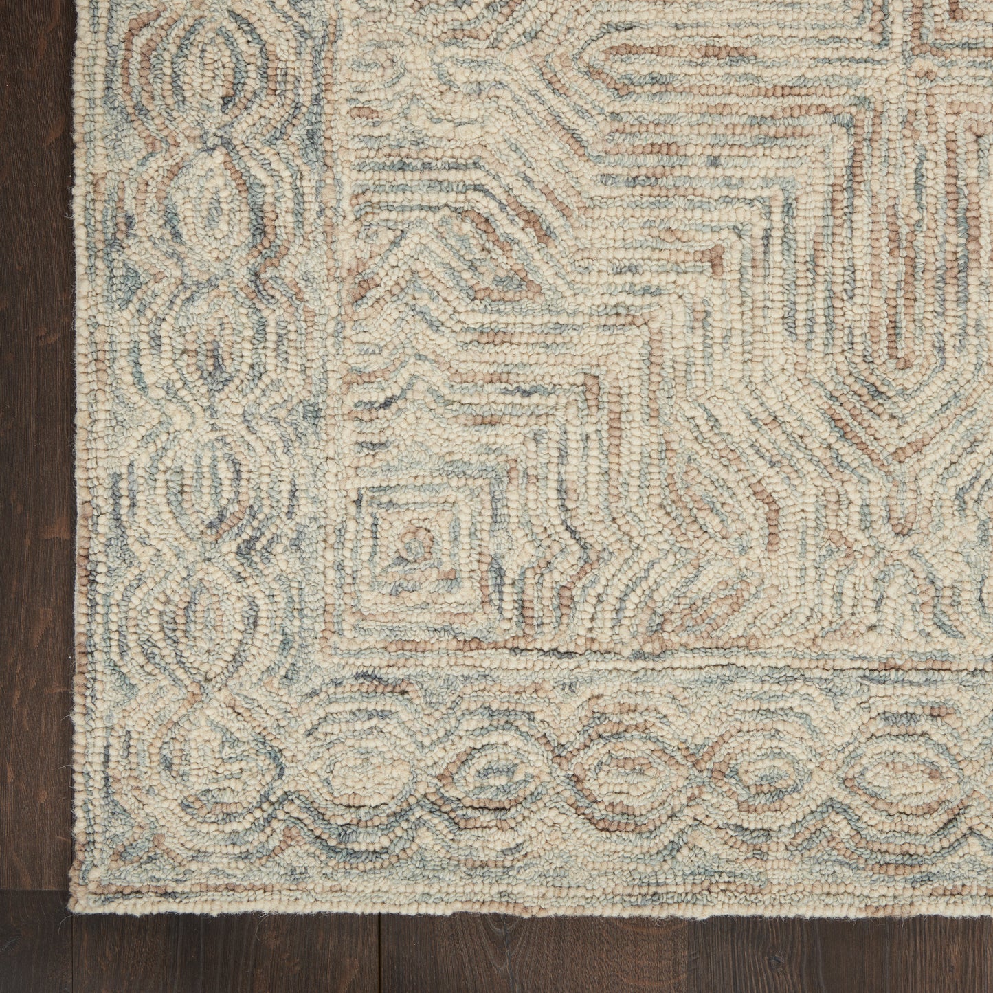 Shaggy-textured area rug in cream and pale blue with geometric square motifs and scrolling border on dark wood floor.