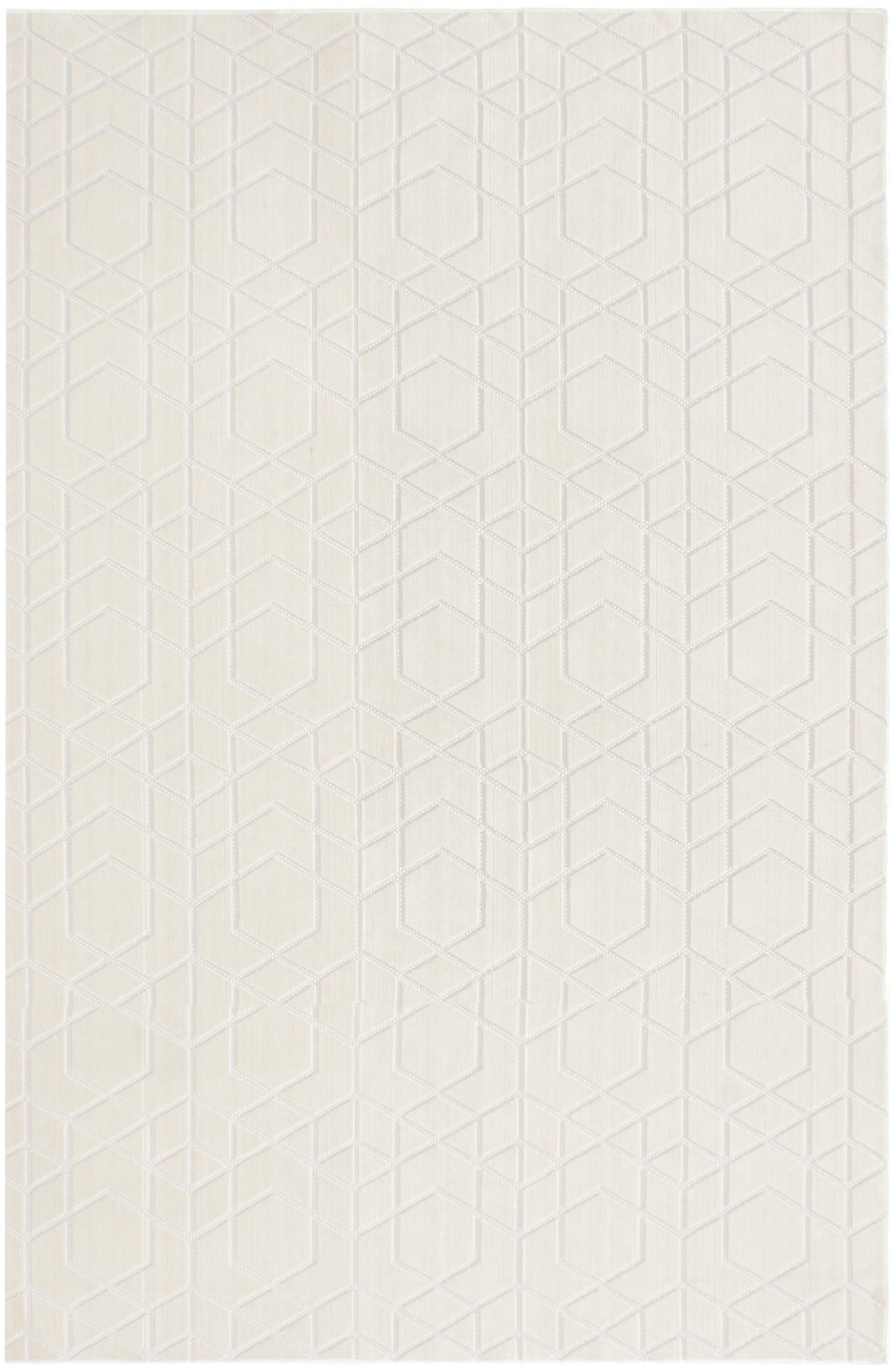 Cream rug with subtle embossed geometric hexagon cube pattern.