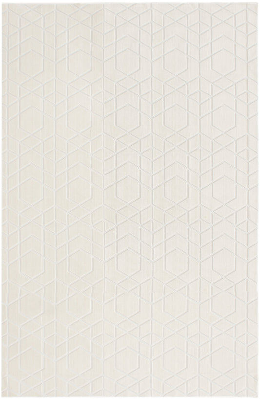 Cream rug with subtle embossed geometric hexagon cube pattern.