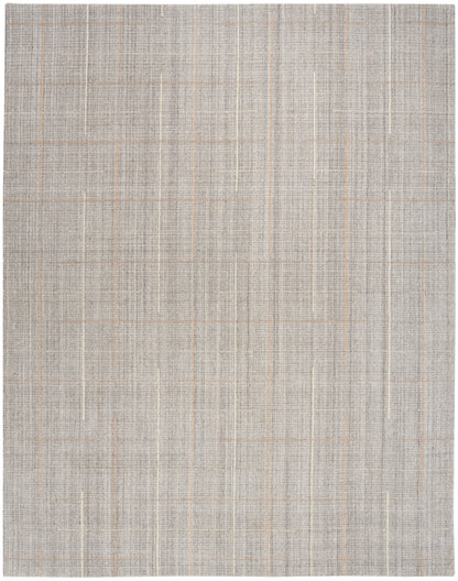 Neutral beige-gray woven rug with subtle vertical and horizontal grid lines and linen-like texture.