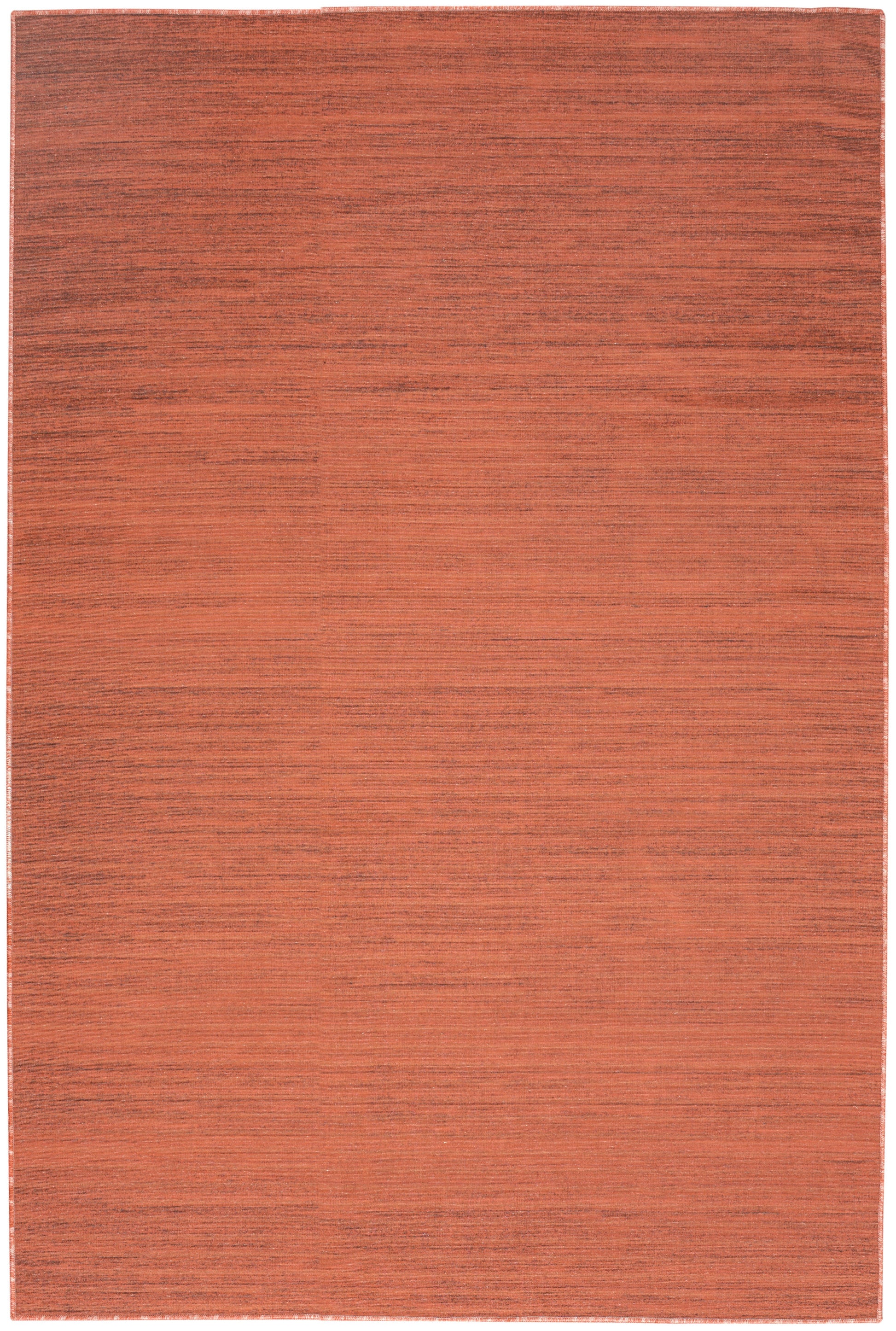 Rust-orange flat-weave rug with subtle horizontal texture; rectangular, warm decor piece.