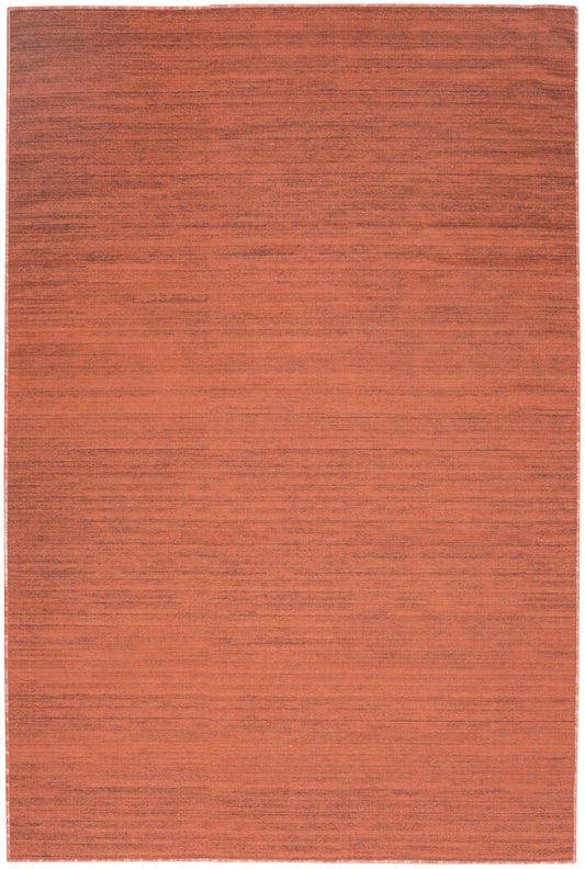 Rust-orange flat-weave rug with subtle horizontal texture; rectangular, warm decor piece.