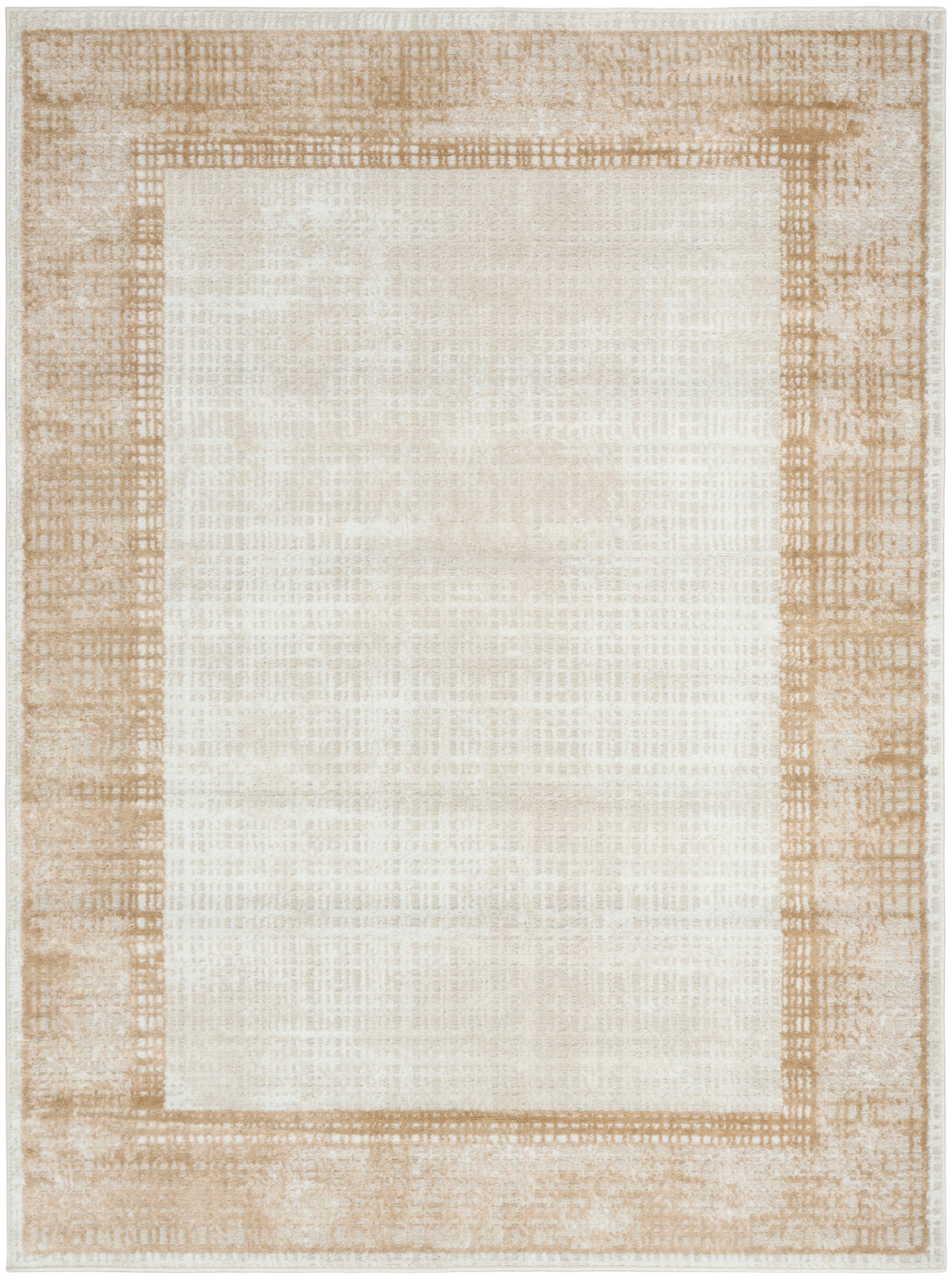 Cream central panel framed by a light tan textured border; rectangular, neutral-toned rug.