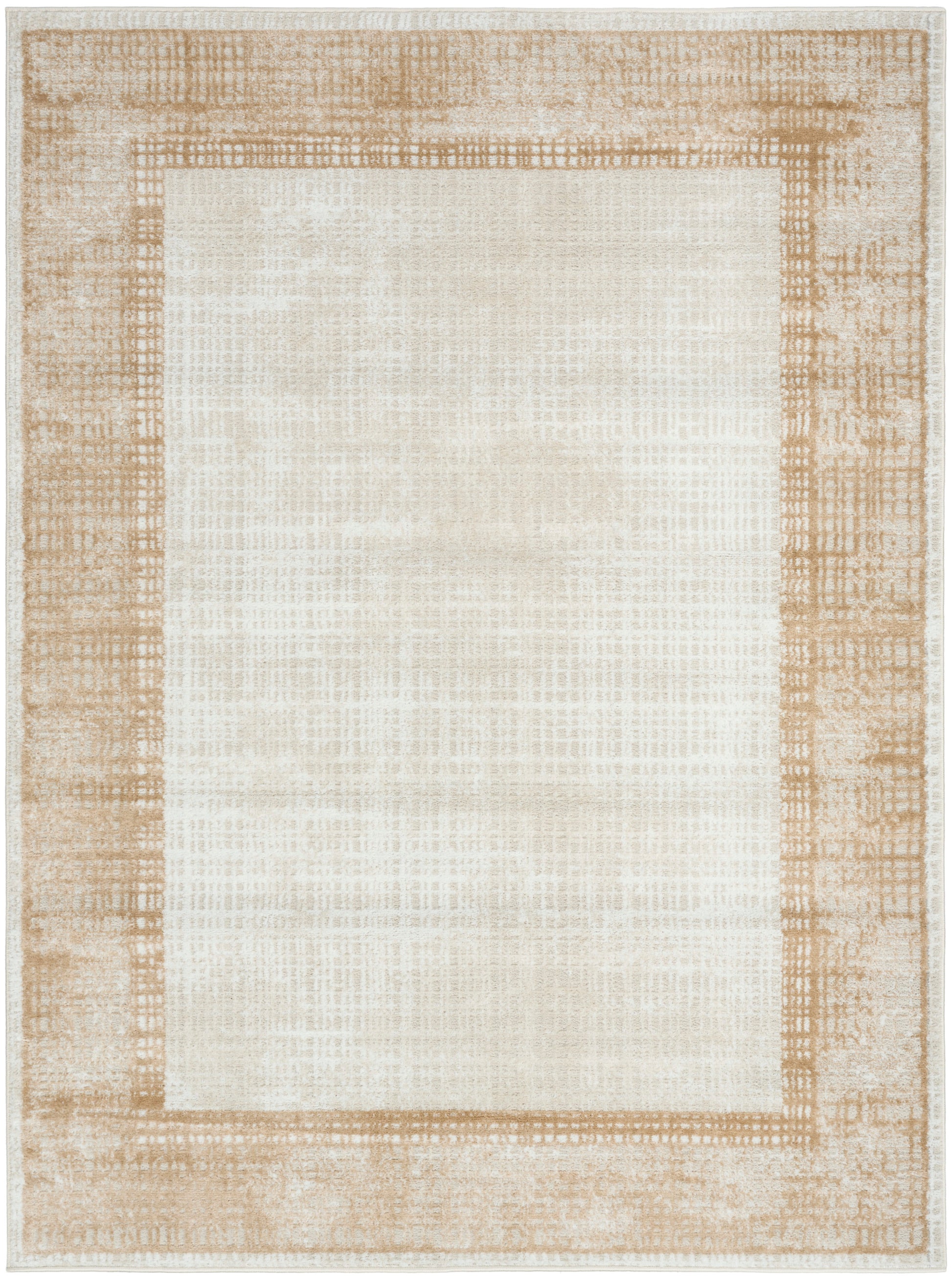 Cream central panel framed by a light tan textured border; rectangular, neutral-toned rug.