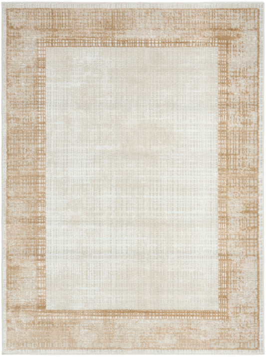 Cream central panel framed by a light tan textured border; rectangular, neutral-toned rug.