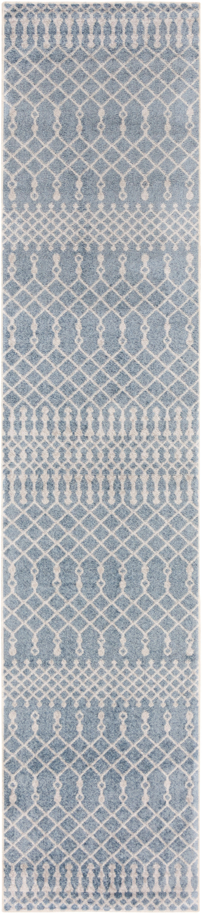 Blue and white lace-style fabric with repeating lattice arches and small floral motifs; curtain panel.