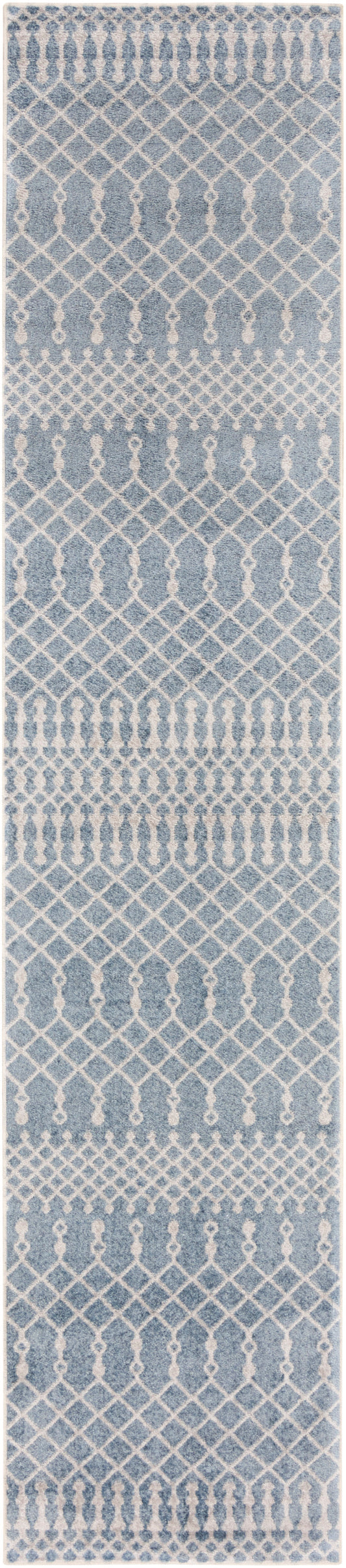 Blue and white lace-style fabric with repeating lattice arches and small floral motifs; curtain panel.