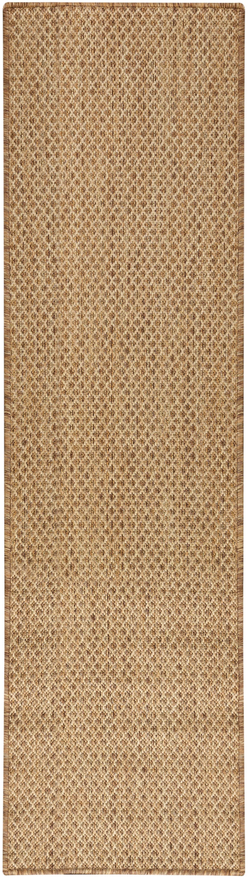 Natural brown woven jute runner rug with small diamond pattern and tonal border.