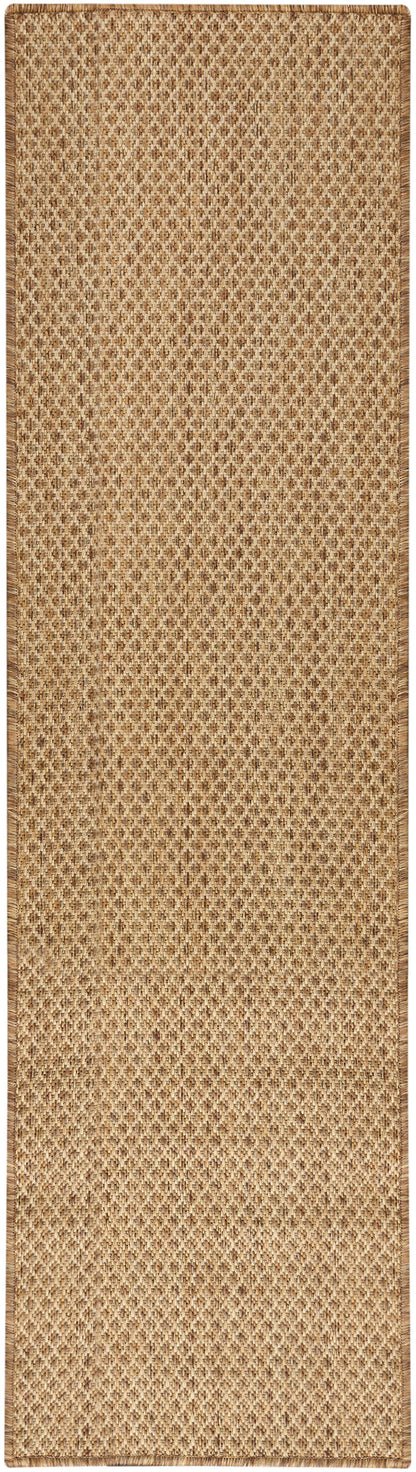 Natural brown woven jute runner rug with small diamond pattern and tonal border.