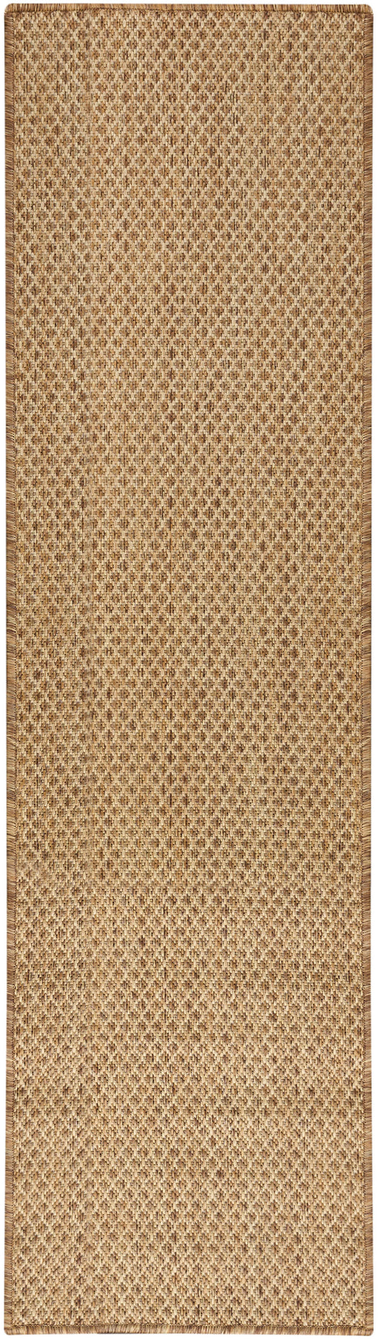 Natural brown woven jute runner rug with small diamond pattern and tonal border.
