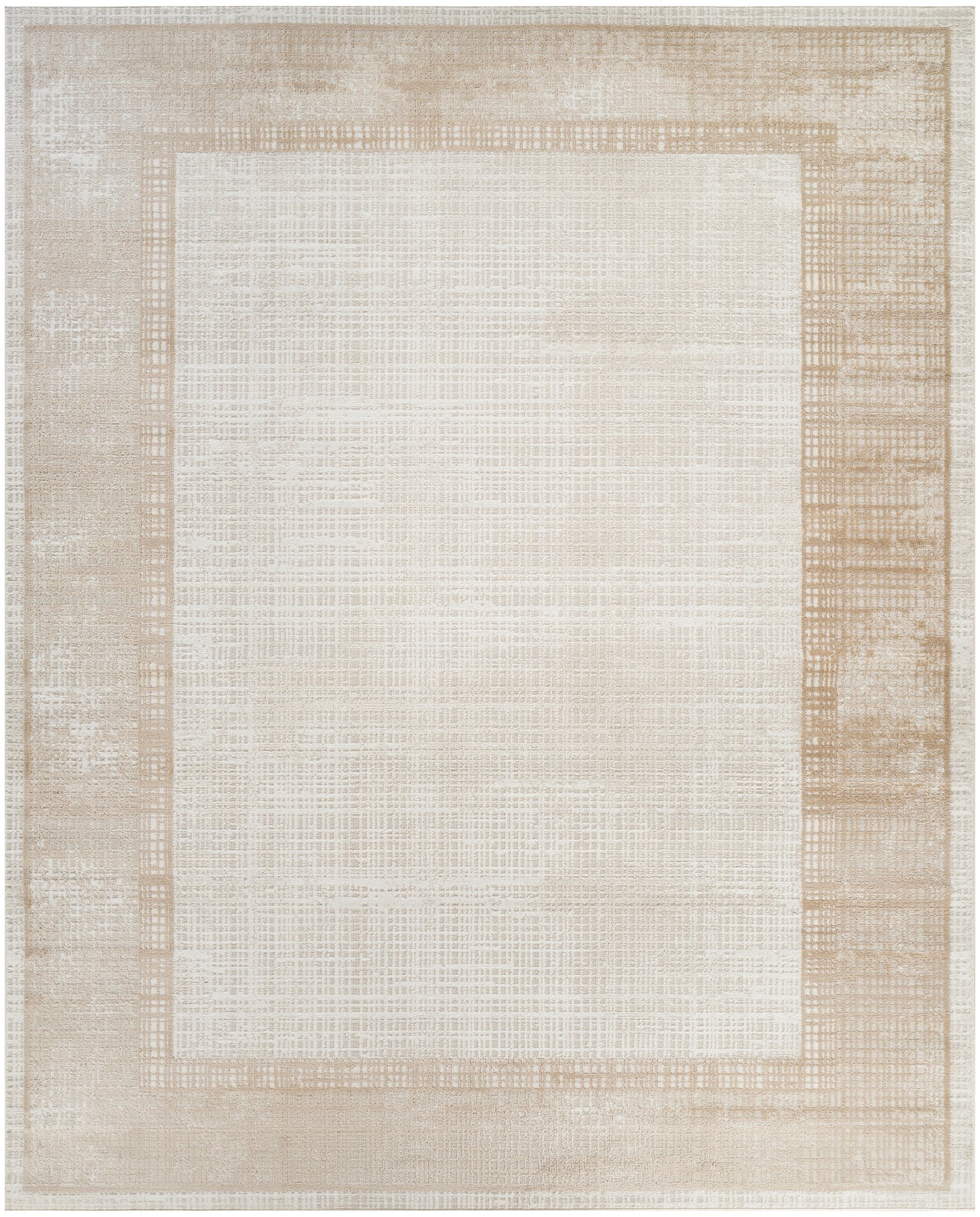Rectangular beige rug with a light cream center and neutral woven border; versatile, textured floor covering.
